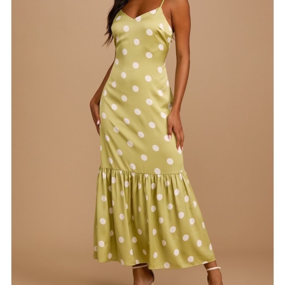 Lulus Because of You Green Polka Dot Satin Tiered Maxi Dress